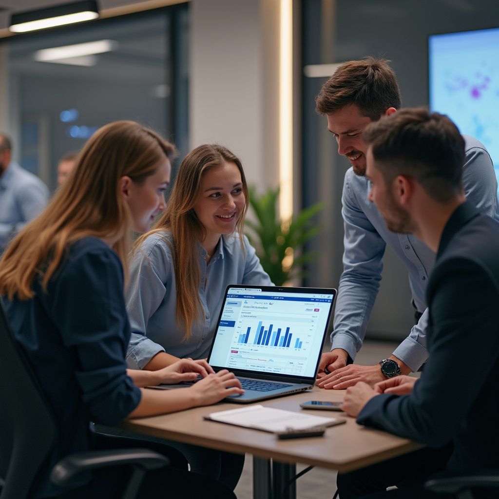 Four people in a business meeting, looking at laptop with data graphs. Office setting, focused expressions.