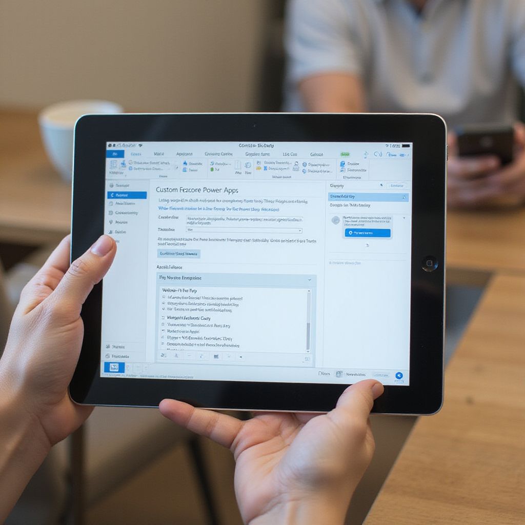 Person holding a tablet displaying a software interface with code; another person in background.