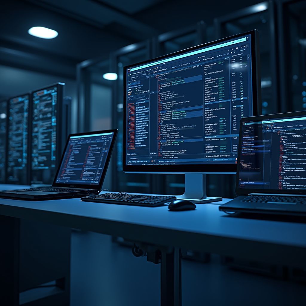 Desks with multiple computer screens displaying code in a data center, illuminated by cool blue light.