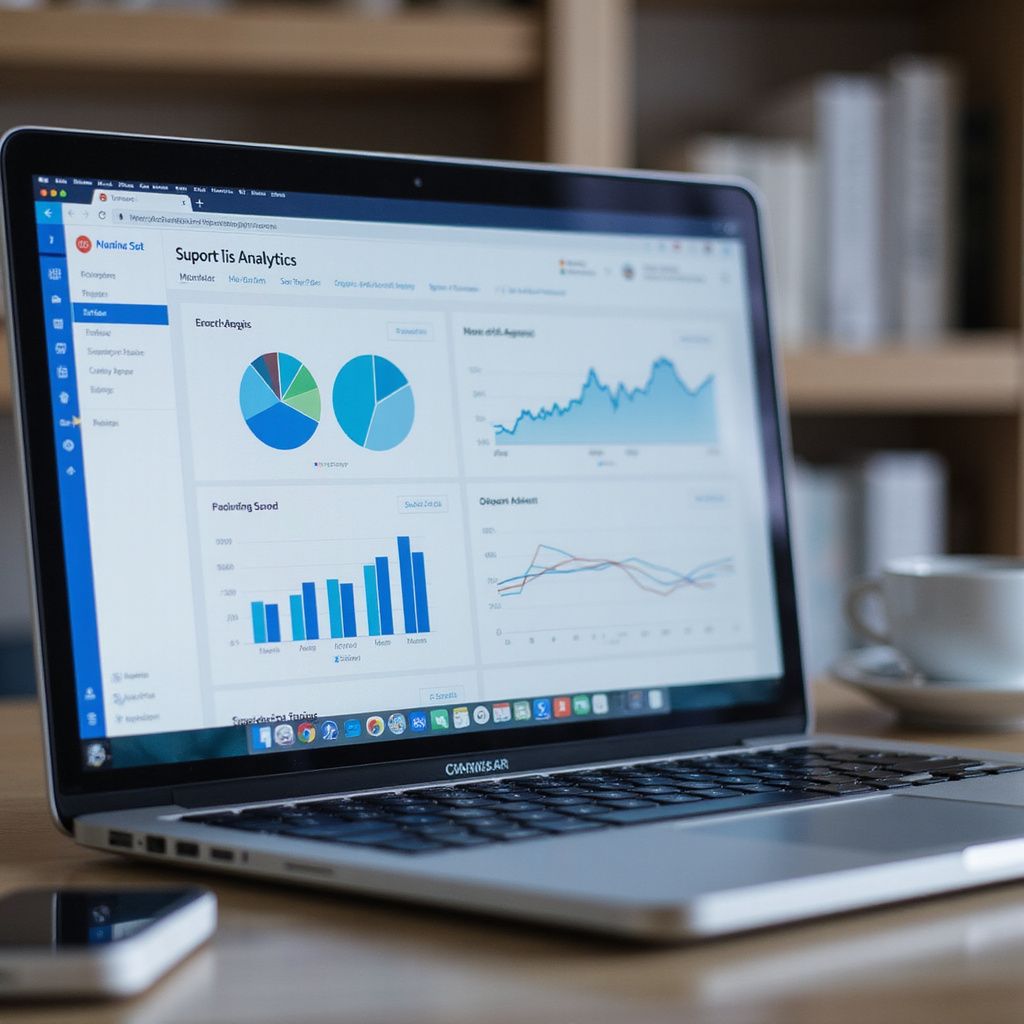Laptop displaying various financial charts and graphs with a smartphone and a coffee cup on a wooden desk.