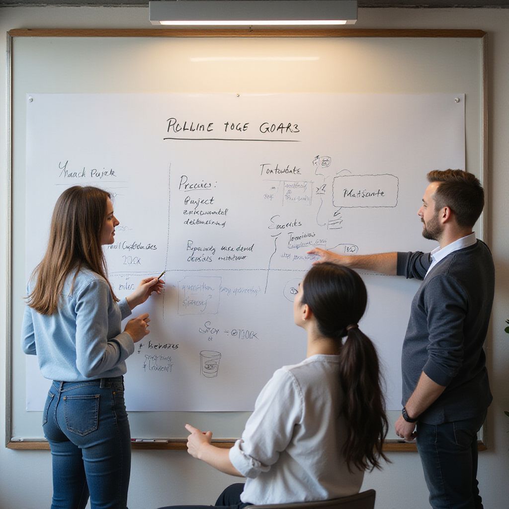 Three people brainstorming at a whiteboard in an office. One points, two write.