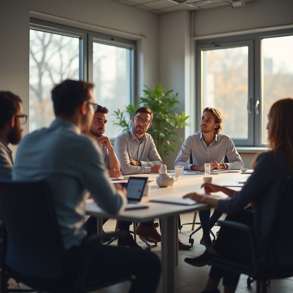 A group of people in business attire seated around a table in a bright office, engaging in a meeting.
