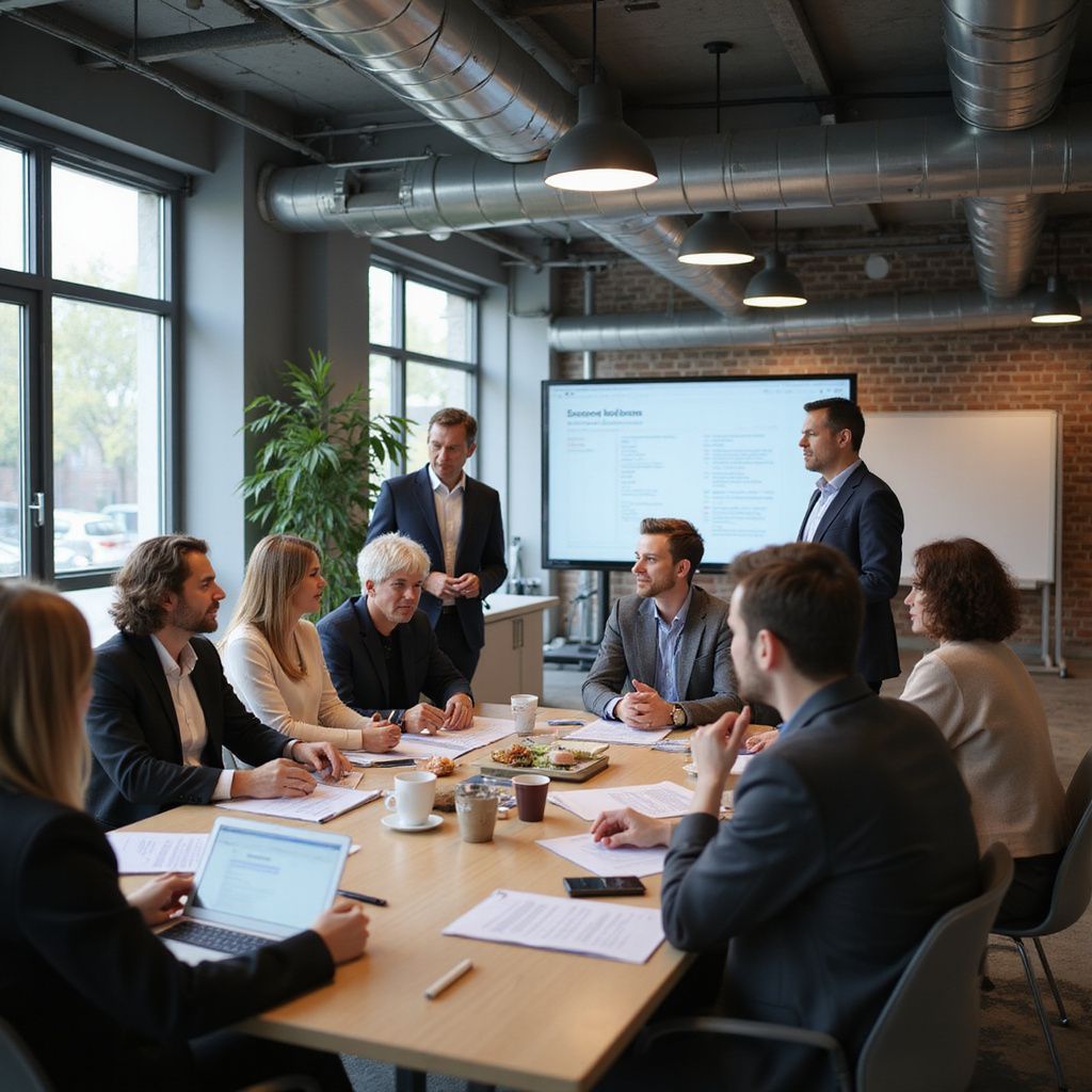 Business team in a meeting around a table, discussing a presentation on a screen.