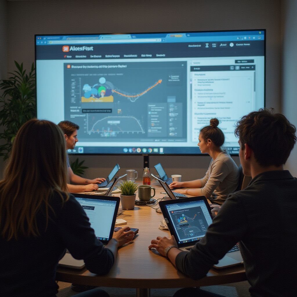 Four people working on laptops around a round table in front of a large screen displaying a data chart.