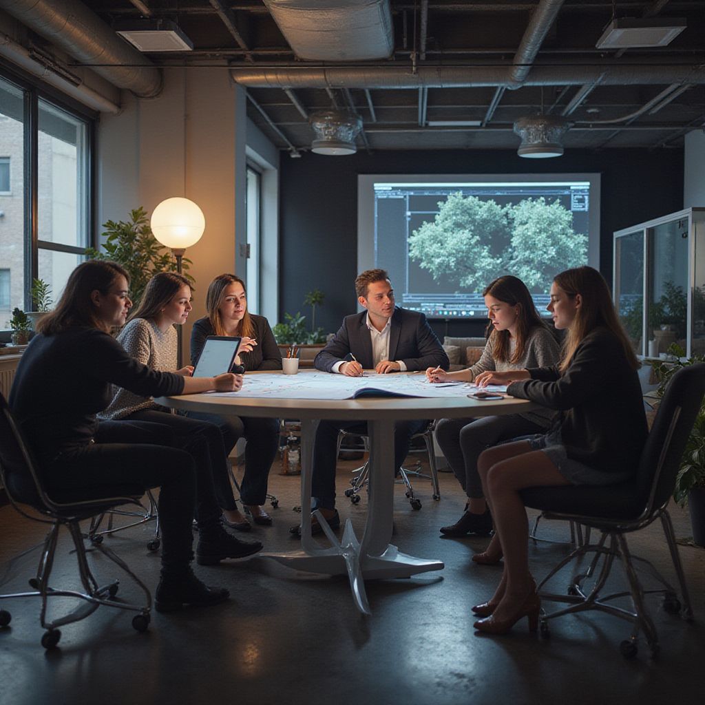 People in a modern office meeting around a table, looking at blueprints. A projector displays a tree image.