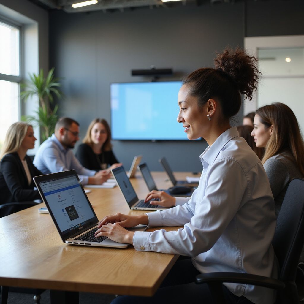 Woman using laptop at a conference table, smiling. Colleagues work on laptops, and a screen displays a presentation in a modern office setting.