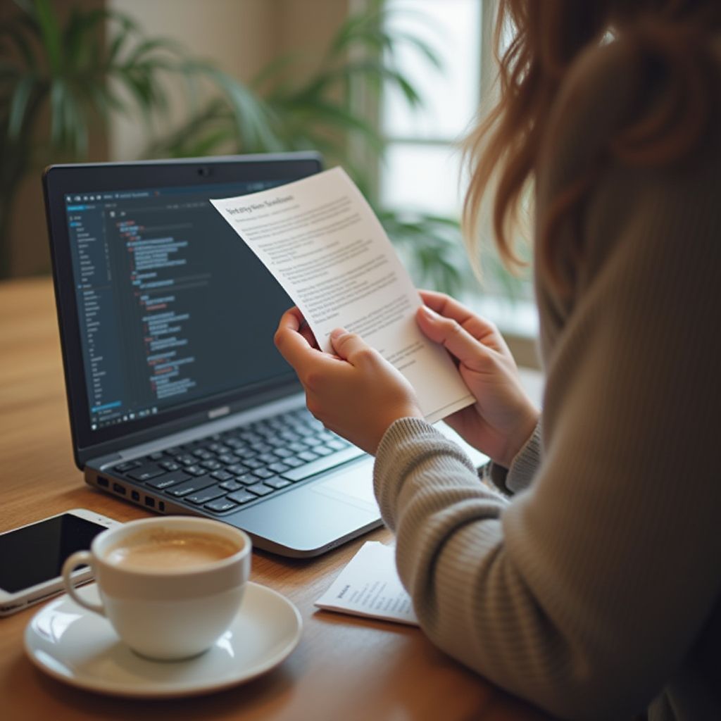 Person reviewing a document while coding on a laptop, with coffee and phone on the table.