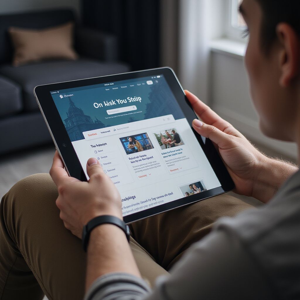 Person using a tablet computer. Website is visible, and the person is sitting indoors.