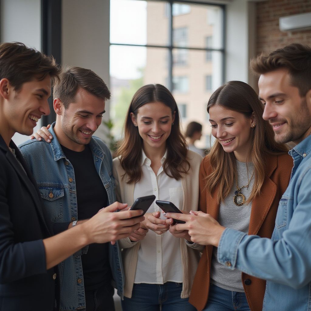 Five people smiling, looking at their phones in an office setting.