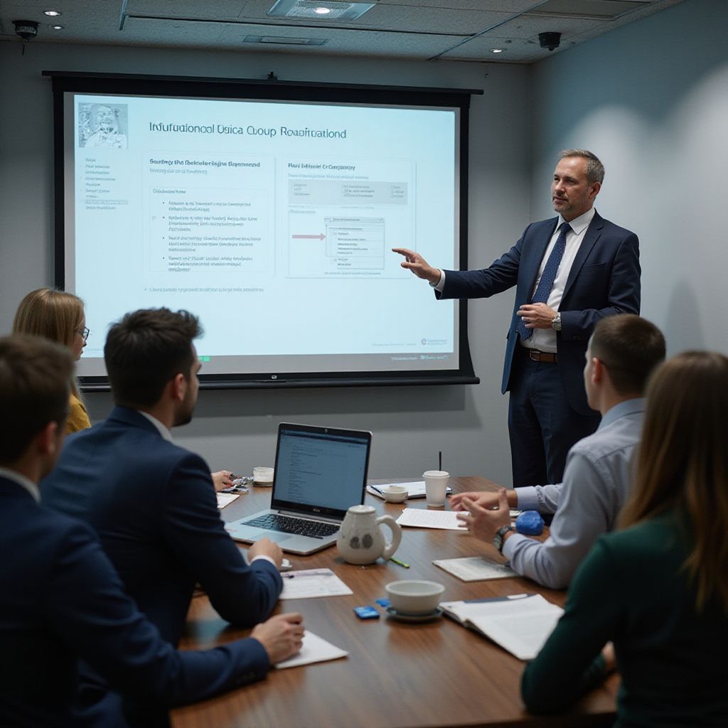A man in a suit points to a resume on a projector screen, presenting to a seated group at a conference table.