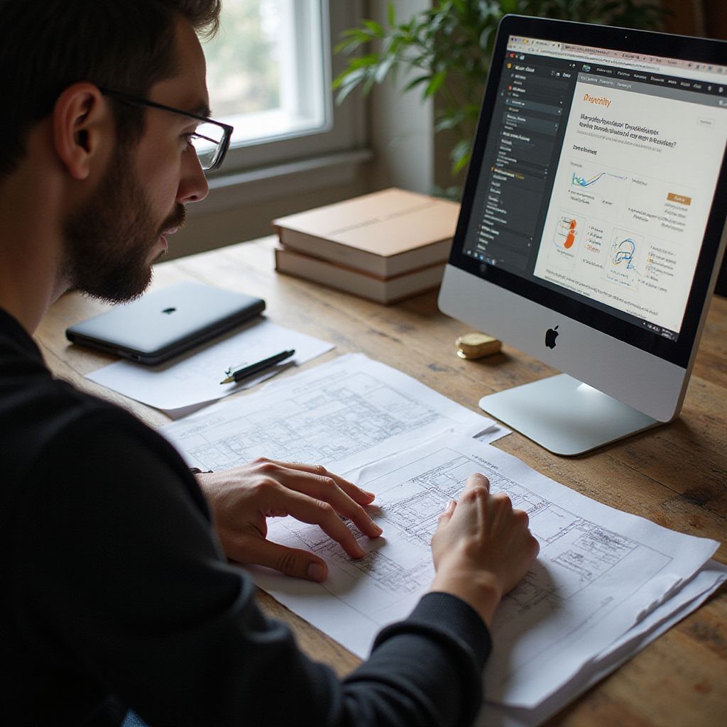 Person with glasses looking at a blueprint, working at a desk with a computer.