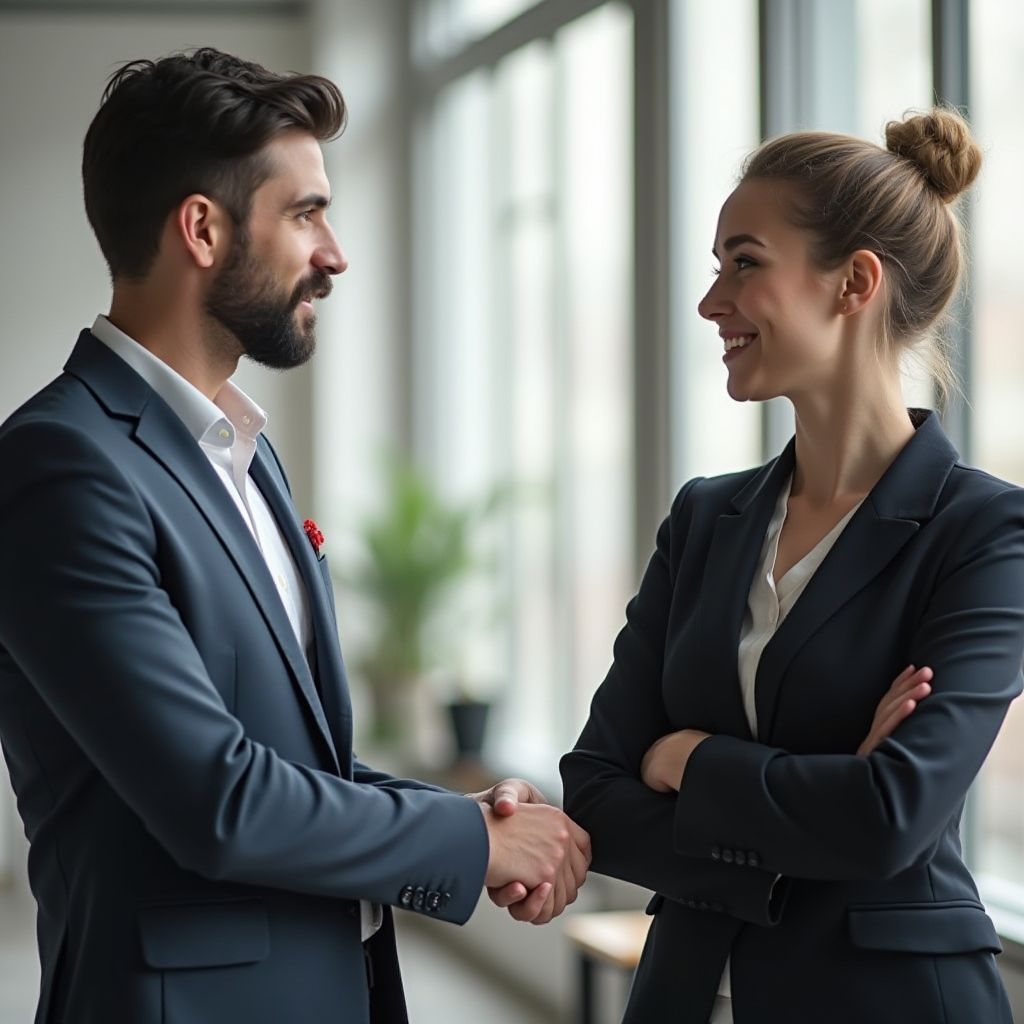 Man and woman in business suits shaking hands, smiling indoors.