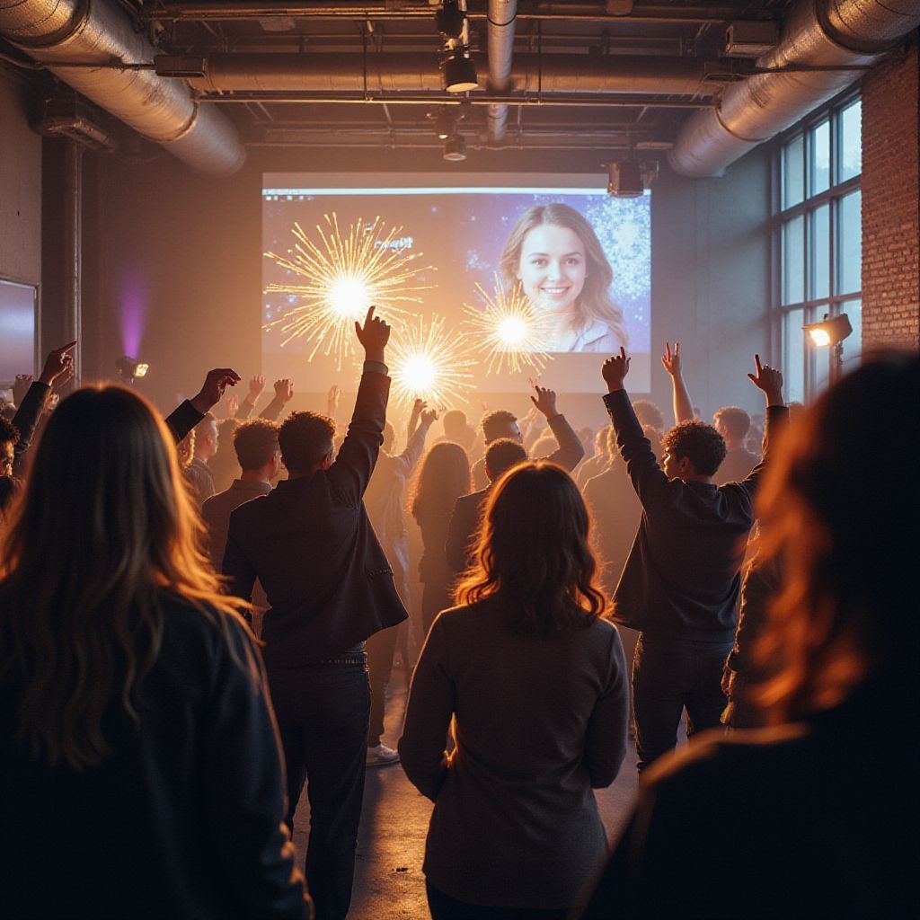 People cheering at a video call on a screen with fireworks. Party in a room with a projected image.
