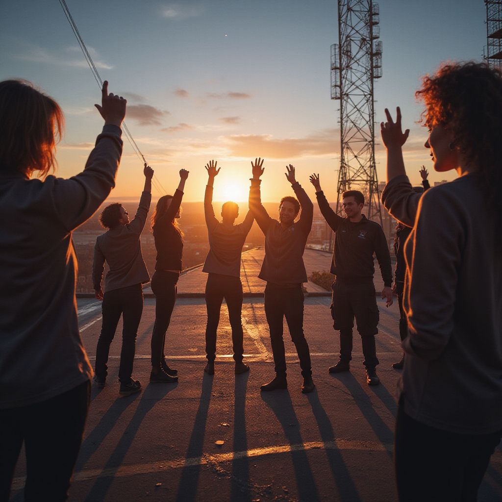 People with arms raised, silhouetted against a sunset on a rooftop, celebrating.