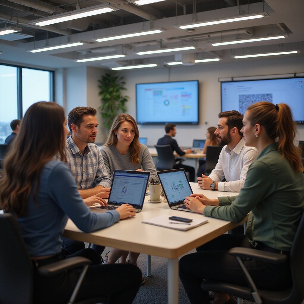 Group of people collaborating around a table with laptops in a modern office.
