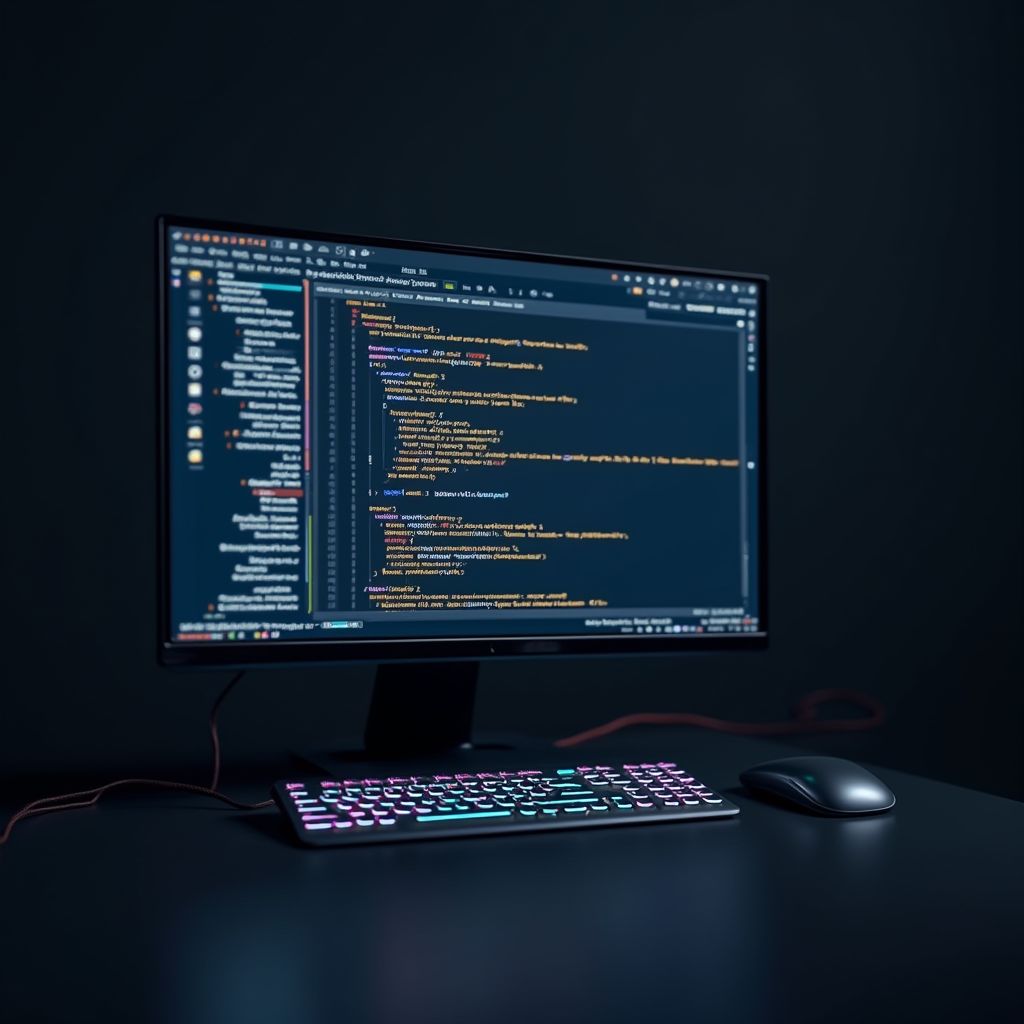 Computer monitor displaying code, illuminated keyboard, and mouse on a dark desk.