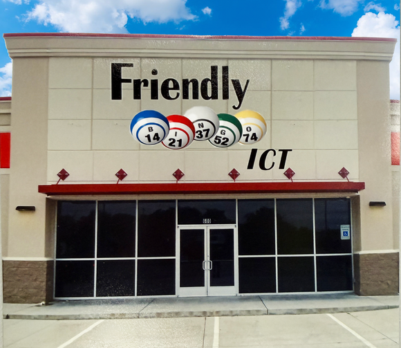 Friendly ICT bingo hall exterior with bingo balls, sign, and windows.
