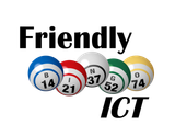 Friendly ICT logo with bingo balls: B14, I21, N37, G52, O74