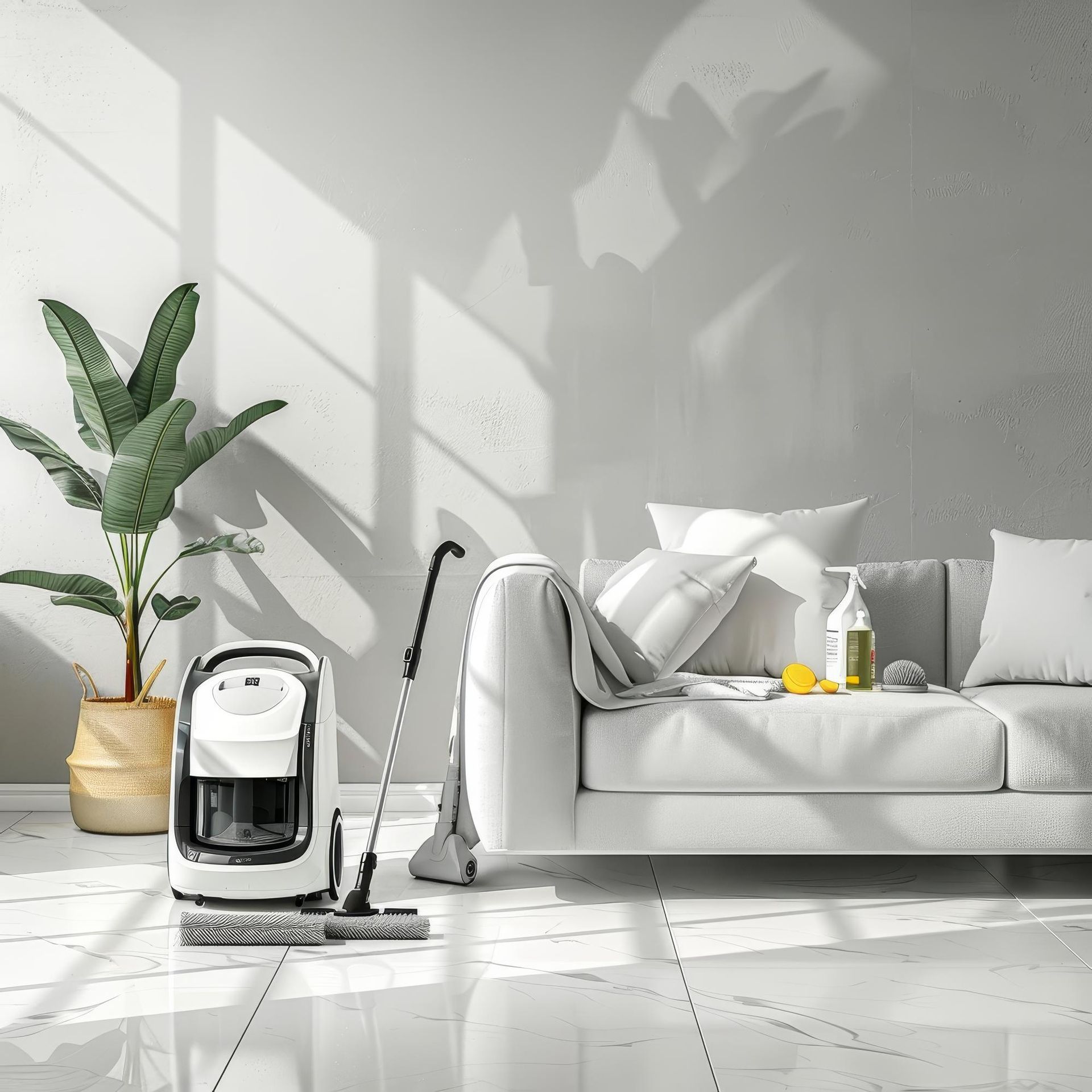 A living room with a white couch and a vacuum cleaner on the floor.