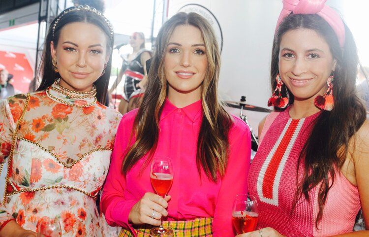 Three women in pink dresses are standing next to each other holding wine glasses.
