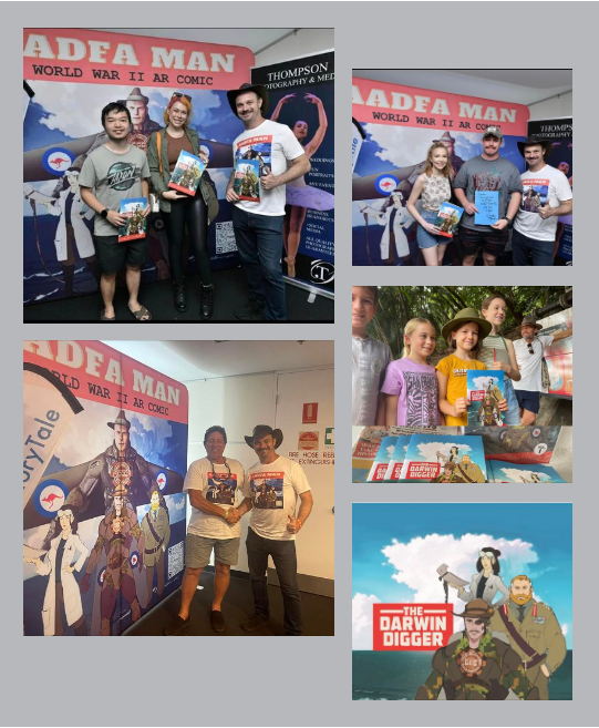 A group of people standing in front of a sign that says ' adea man ' on it