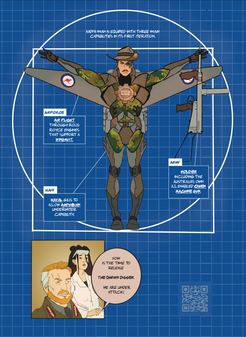 A man in a military uniform is standing in a circle with his arms outstretched.