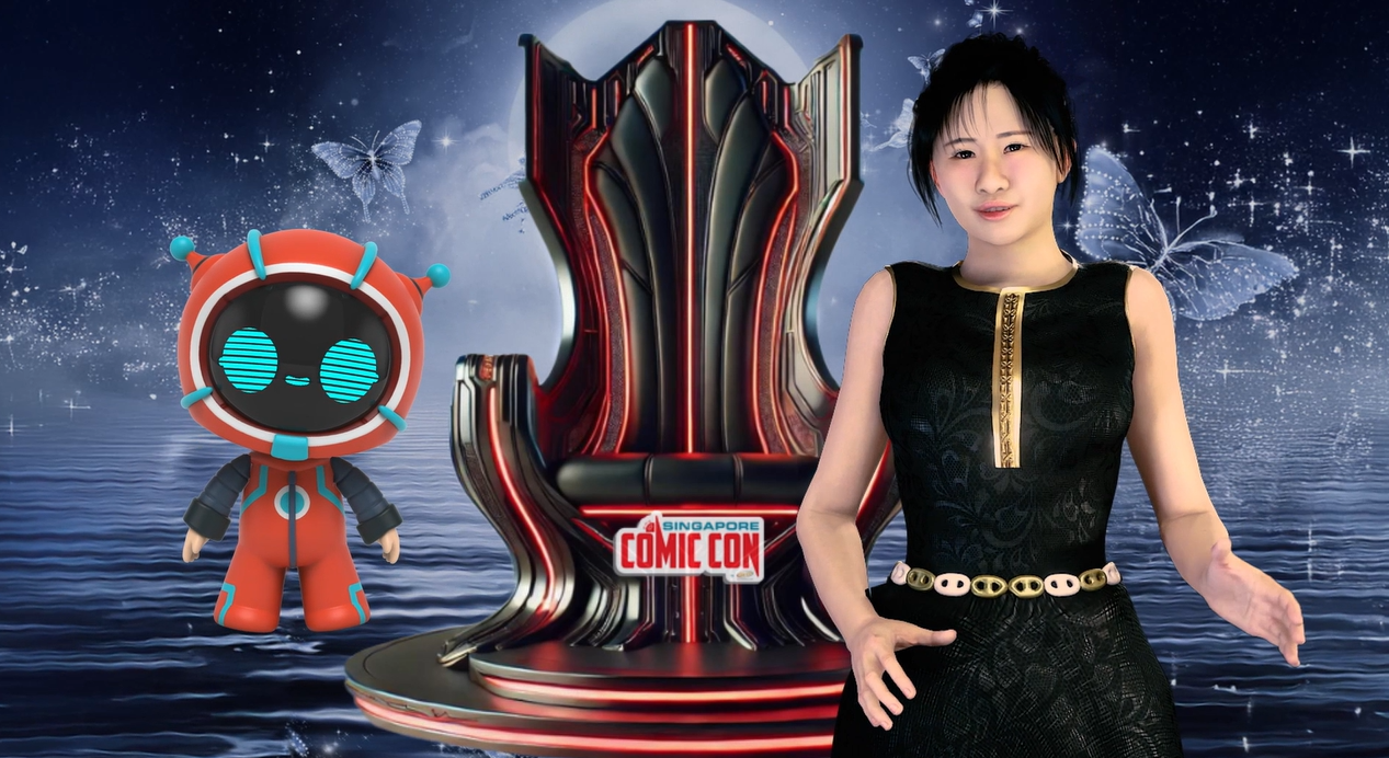 A woman in a black dress stands in front of a comic con throne