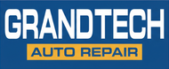 GrandTech Auto Repair logo: white text on blue background, "AUTO REPAIR" in yellow box below "GRANDTECH".