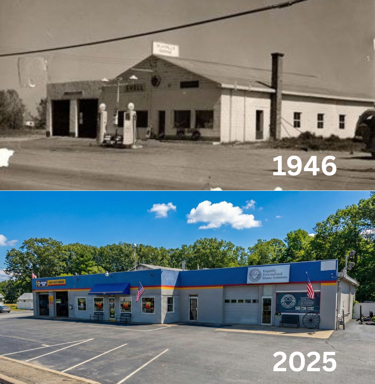 Comparison of a Shell gas station in 1946 and in 2025. Old photo is black and white, new photo is in color.