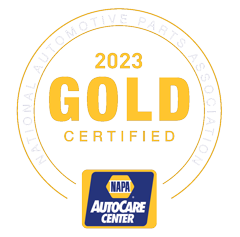 2023 Gold Certified emblem for NAPA AutoCare Center. Features gold and blue, with NAPA logo at bottom.