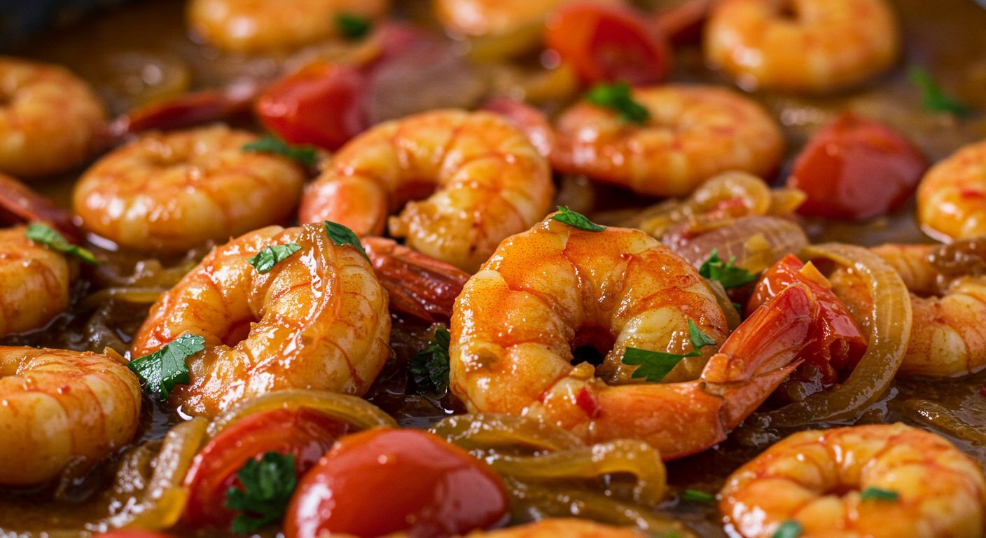 camarão à baiana, receita de camarão, frutos do mar, IE Pescados, camarão com molho, comida brasileira, prato típico, receitas com camarão Imagem de camarões cozidos ao molho, com tomates, cebolas caramelizadas e folhas de coentro, representando a receita de Camarão à Baiana. Ideal para ilustrar pratos típicos de frutos do mar no site da IE Pescados.