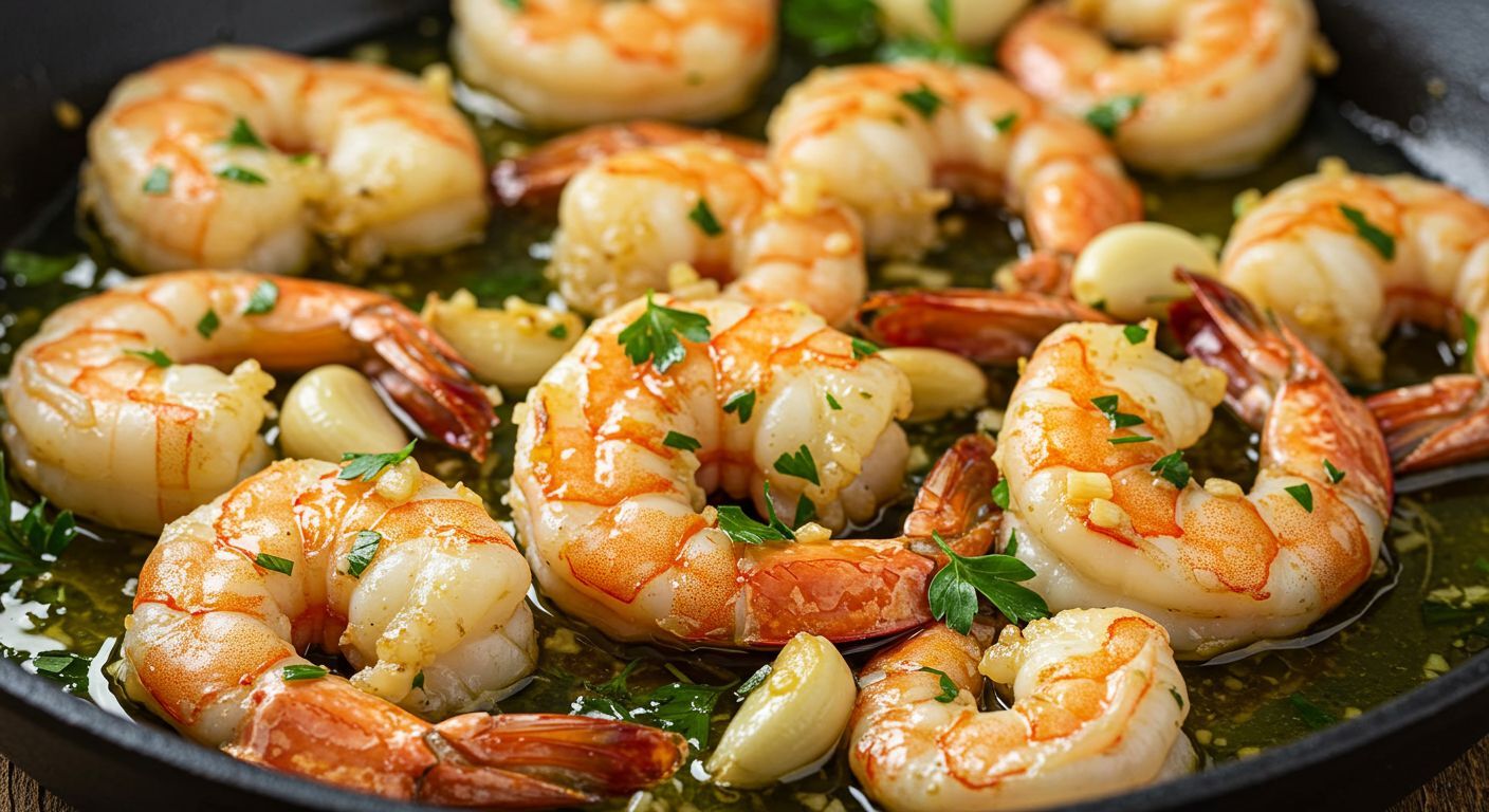 Imagem de camarões grelhados ao alho e óleo, dourados e suculentos, finalizados com salsinha fresca. Um prato clássico e irresistível da gastronomia brasileira, perfeito para ilustrar receitas práticas com frutos do mar no site da IE Pescados. Camarão Alho e Óleo IE Pescados - receita simples de frutos do mar