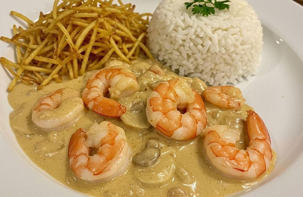 Prato de risoto de camarão Ie Pescados cremoso com queijo parmesão ralado e ervas frescas, servido em um prato branco, risoto de camarão, receita de risoto, camarão cremoso, frutos do mar, risoto sofisticado, gastronomia, comida italiana, IE Pescados