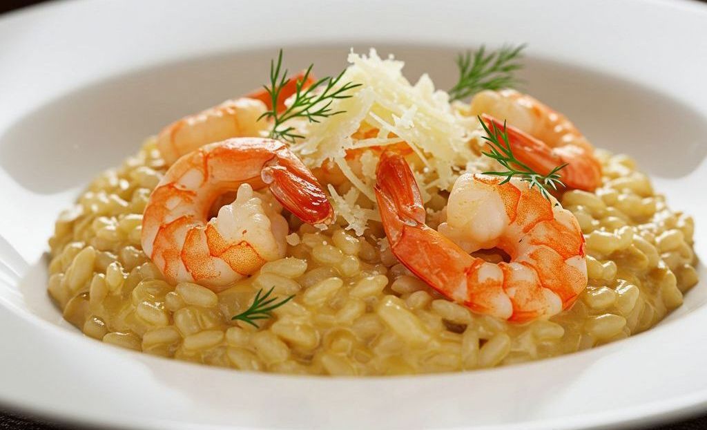 Prato de risoto de camarão Ie Pescados cremoso com queijo parmesão ralado e ervas frescas, servido em um prato branco Prato de risoto de camarão Ie Pescados cremoso com queijo parmesão ralado e ervas frescas, servido em um prato branco, risoto de camarão, receita de risoto, camarão cremoso, frutos do mar, risoto sofisticado, gastronomia, comida italiana, IE Pescados