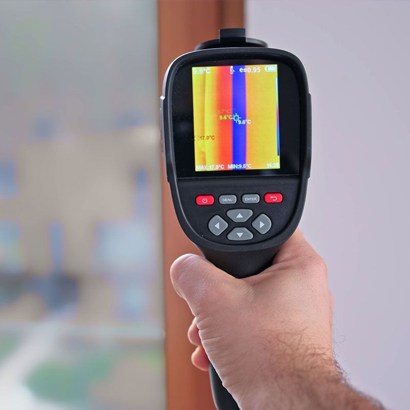 Contractor Engineer Performing Building Inspection for Cold Bridge Thremal Bypass in Window Frame using Thermal Vision Camera