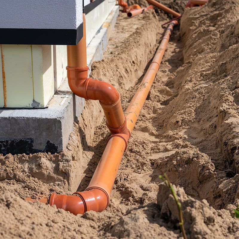 Underground drainage pipe installation next to residential building foundation during construction