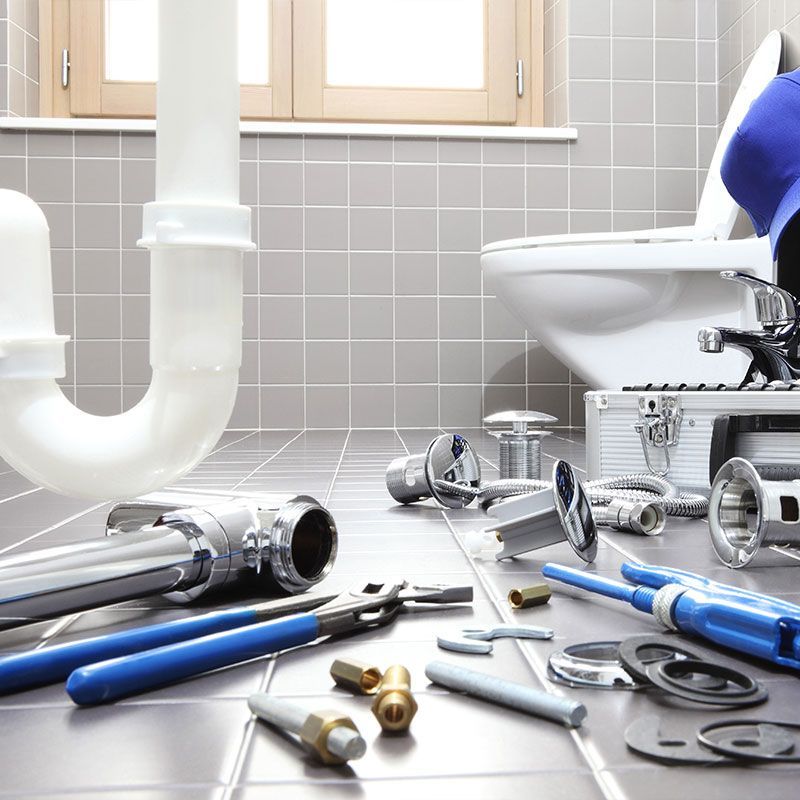 plumber tools and equipment in a bathroom, plumbing repair service, assemble and install concept