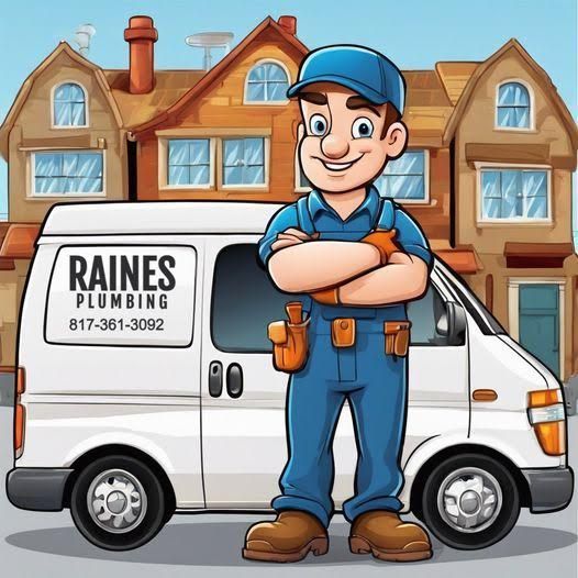 Cartoon plumber stands in front of his van, 