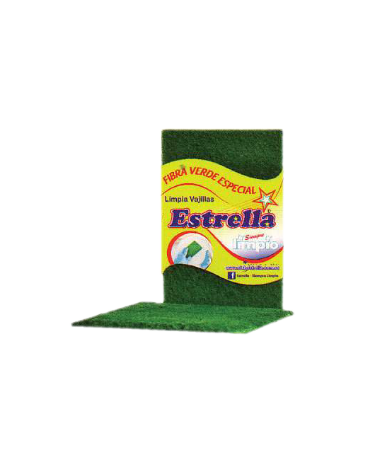 Esponja exfoliante Estrella de color verde sobre fondo blanco, tiene etiqueta de color amarillo y azul.