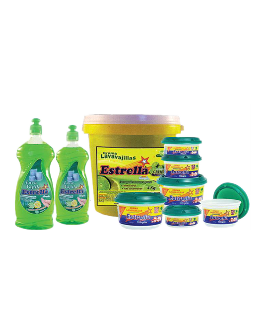 Colección de envases de jabón lavavajillas y pasta limpiadora Estrella de color verde, varios tamaños.