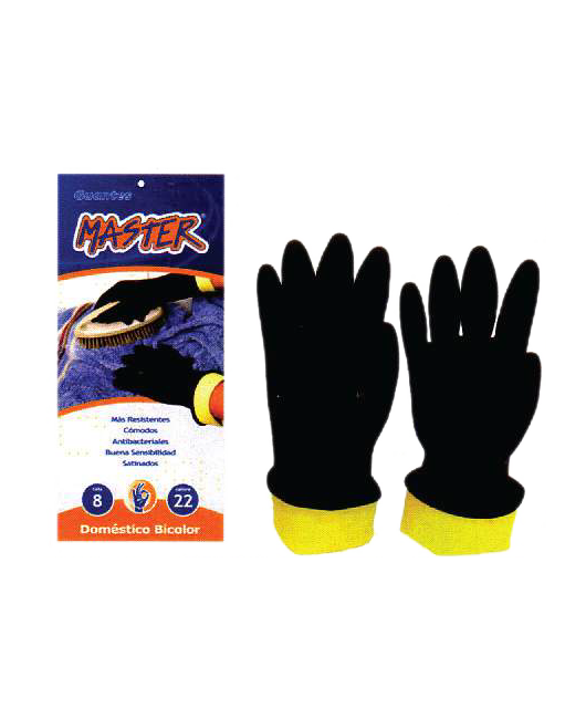 Guantes de limpieza Master, de color negro y amarillo, presentados en embalaje e individualmente.