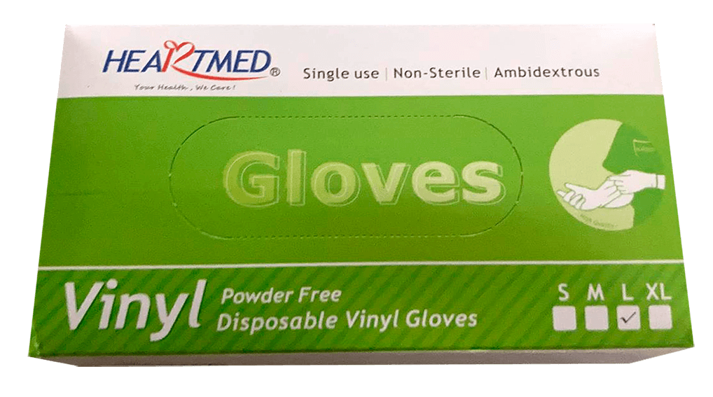 Caja de guantes de vinilo Heartmed. Envase verde y blanco con texto que indica que son de un solo uso, no estériles y ambidiestros. Tallas disponibles: S, M y XL.
