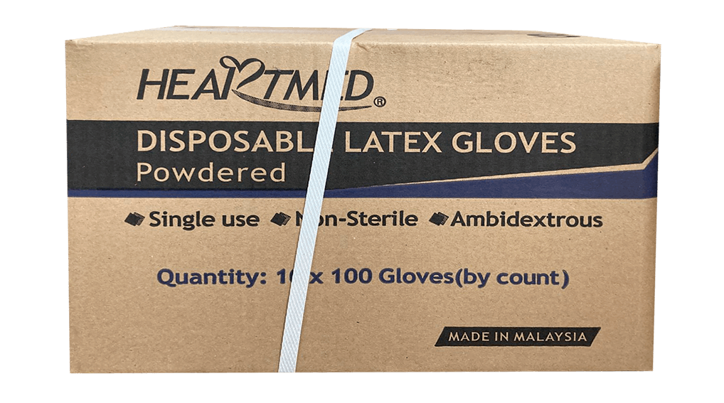 Una caja de cartón de guantes desechables de látex con polvo Heartmed. La caja está atada con hilo blanco y etiquetada con información sobre las características de los guantes.
