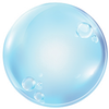 A blue soap bubble with bubbles coming out of it on a white background.