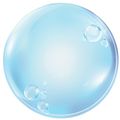 A blue soap bubble with bubbles coming out of it on a white background.