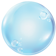 A blue soap bubble with bubbles coming out of it on a white background.