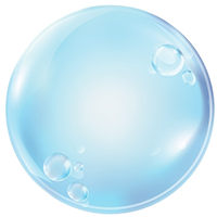 A blue soap bubble with bubbles coming out of it on a white background.