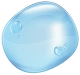 A blue drop of water with bubbles on a white background.