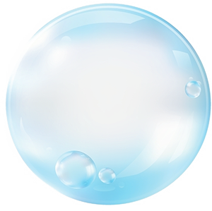 A blue soap bubble with bubbles coming out of it on a white background.