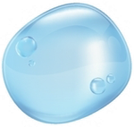 A close up of a blue bubble with water drops on a white background.